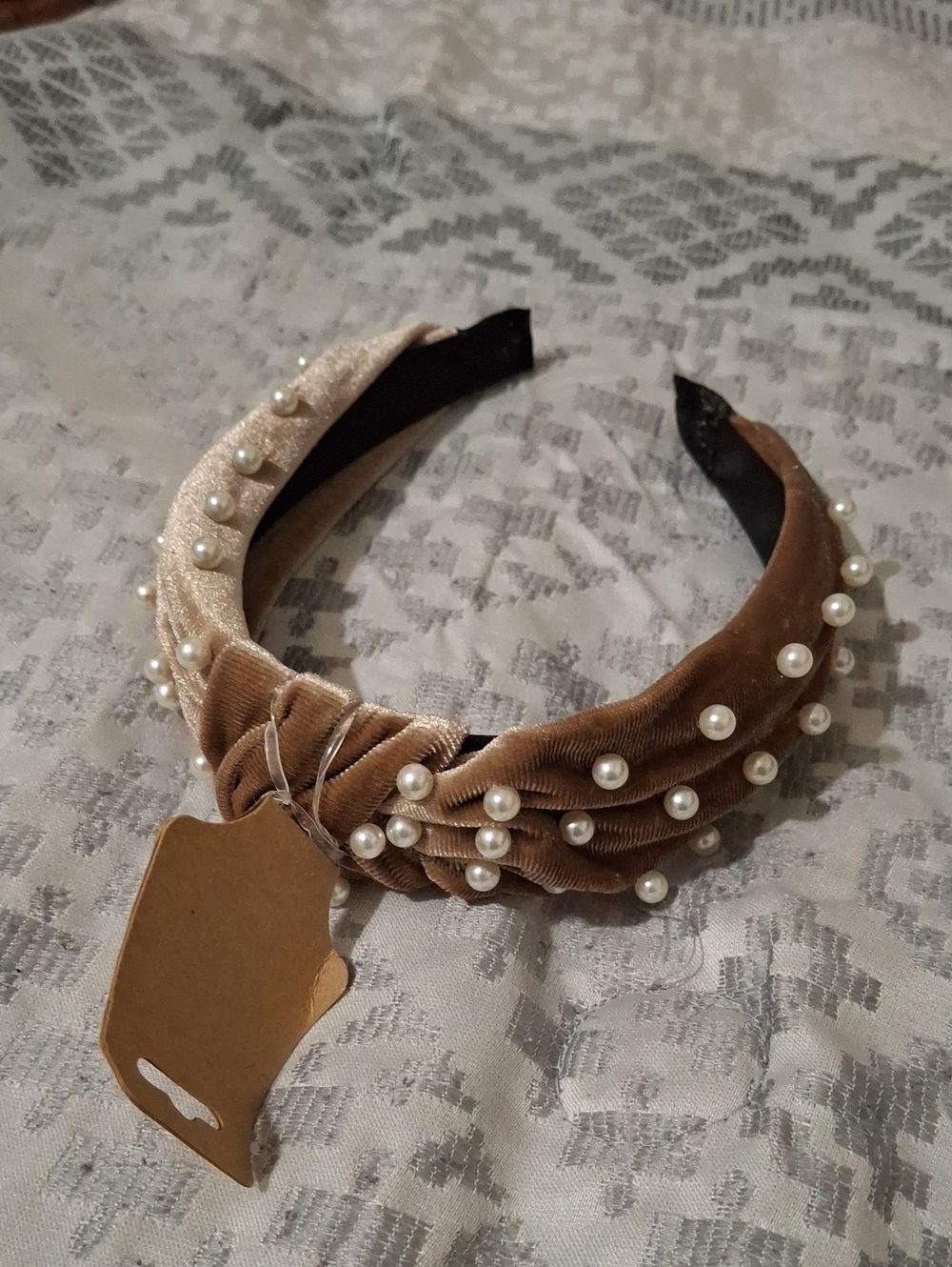 Pearl-Embellished Knotted Velvet Headband - Tan
